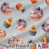 Halloween Donuts Cupcakes Spiders and Ghosts Cute   Grey Background Digital Print Fabric by the Metre UK Sewing Quilting Textile