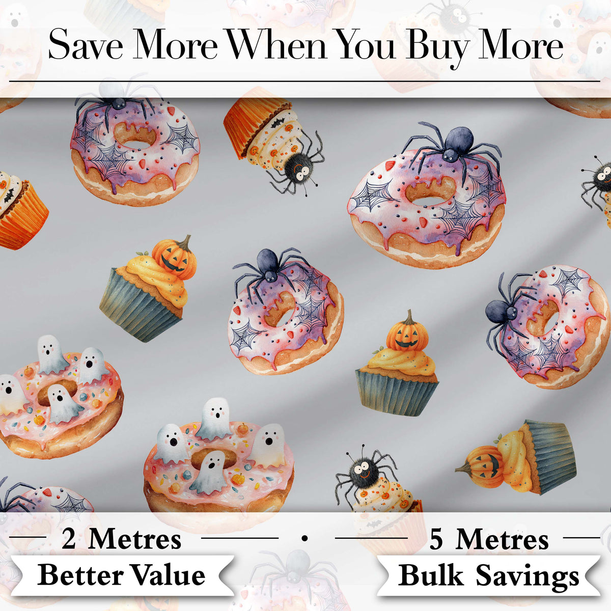 Halloween Donuts Cupcakes Spiders and Ghosts Cute   Grey Background Digital Print Fabric by the Metre UK Sewing Quilting Textile