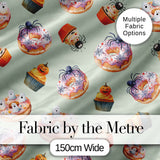 Halloween Donuts Cupcakes Spiders and Ghosts Cute   Sage Green Background Digital Print Fabric by the Metre UK Sewing Quilting Textile