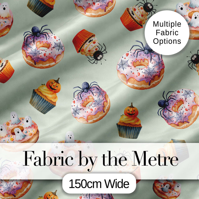 Halloween Donuts Cupcakes Spiders and Ghosts Cute   Sage Green Background Digital Print Fabric by the Metre UK Sewing Quilting Textile