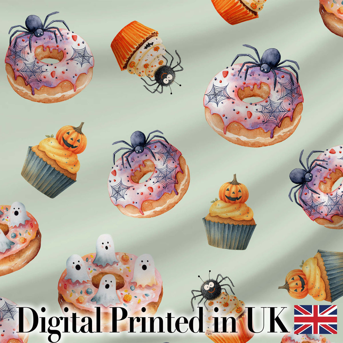 Halloween Donuts Cupcakes Spiders and Ghosts Cute   Sage Green Background Digital Print Fabric by the Metre UK Sewing Quilting Textile