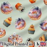 Halloween Donuts Cupcakes Spiders and Ghosts Cute   Sage Green Background Digital Print Fabric by the Metre UK Sewing Quilting Textile