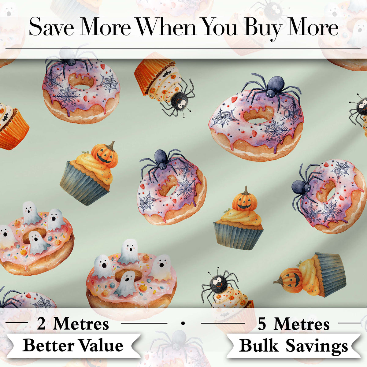 Halloween Donuts Cupcakes Spiders and Ghosts Cute   Sage Green Background Digital Print Fabric by the Metre UK Sewing Quilting Textile