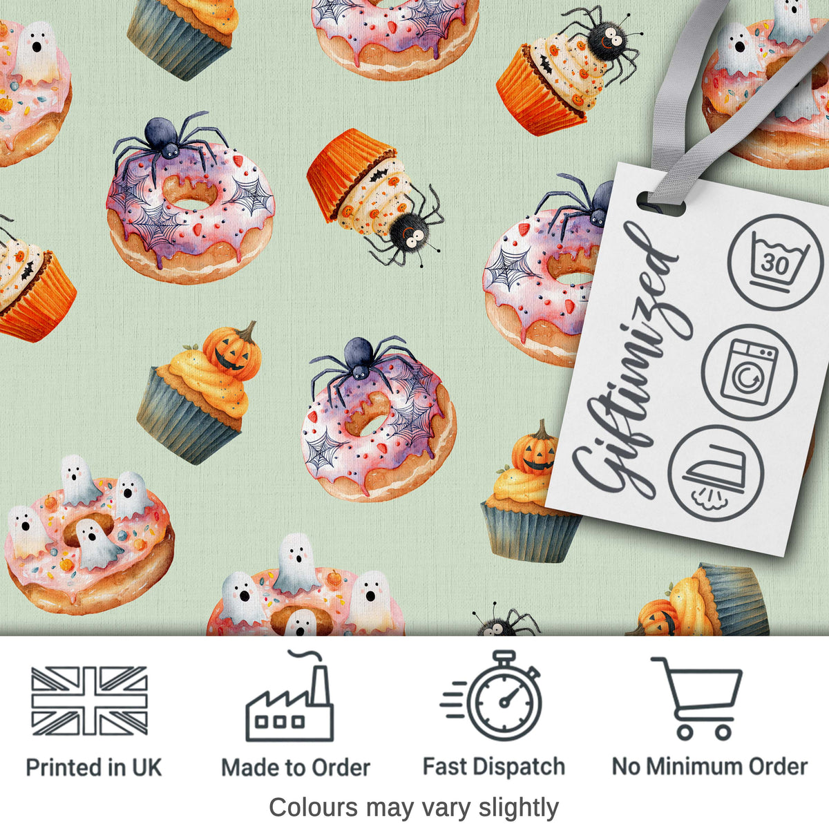 Halloween Donuts Cupcakes Spiders and Ghosts Cute   Sage Green Background Digital Print Fabric by the Metre UK Sewing Quilting Textile