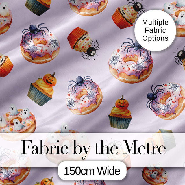 Halloween Donuts Cupcakes Spiders and Ghosts Cute   Soft Lilac Background Digital Print Fabric by the Metre UK Sewing Quilting Textile
