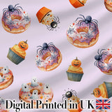 Halloween Donuts Cupcakes Spiders and Ghosts Cute   Soft Lilac Background Digital Print Fabric by the Metre UK Sewing Quilting Textile