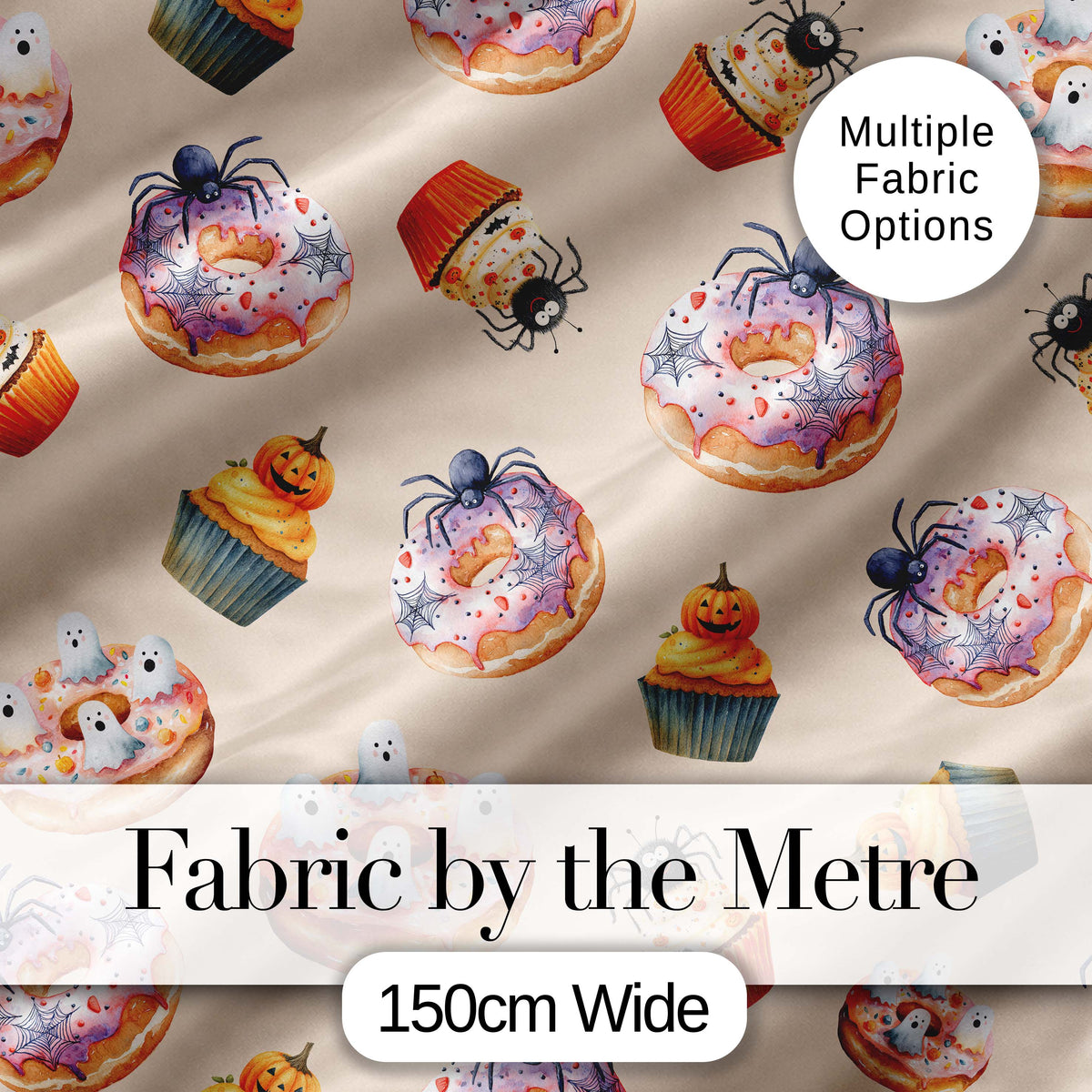 Halloween Donuts Cupcakes Spiders and Ghosts Cute   Warm Beige Background Digital Print Fabric by the Metre UK Sewing Quilting Textile