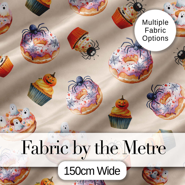 Halloween Donuts Cupcakes Spiders and Ghosts Cute   Warm Beige Background Digital Print Fabric by the Metre UK Sewing Quilting Textile