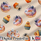 Halloween Donuts Cupcakes Spiders and Ghosts Cute   Warm Beige Background Digital Print Fabric by the Metre UK Sewing Quilting Textile