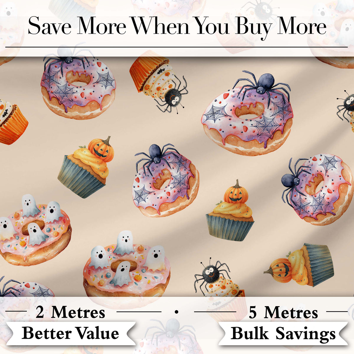 Halloween Donuts Cupcakes Spiders and Ghosts Cute   Warm Beige Background Digital Print Fabric by the Metre UK Sewing Quilting Textile