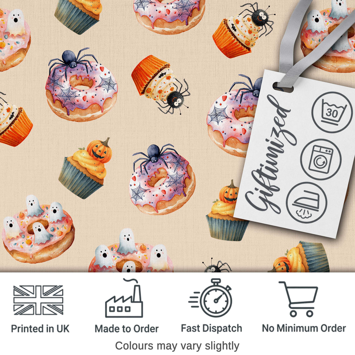 Halloween Donuts Cupcakes Spiders and Ghosts Cute   Warm Beige Background Digital Print Fabric by the Metre UK Sewing Quilting Textile