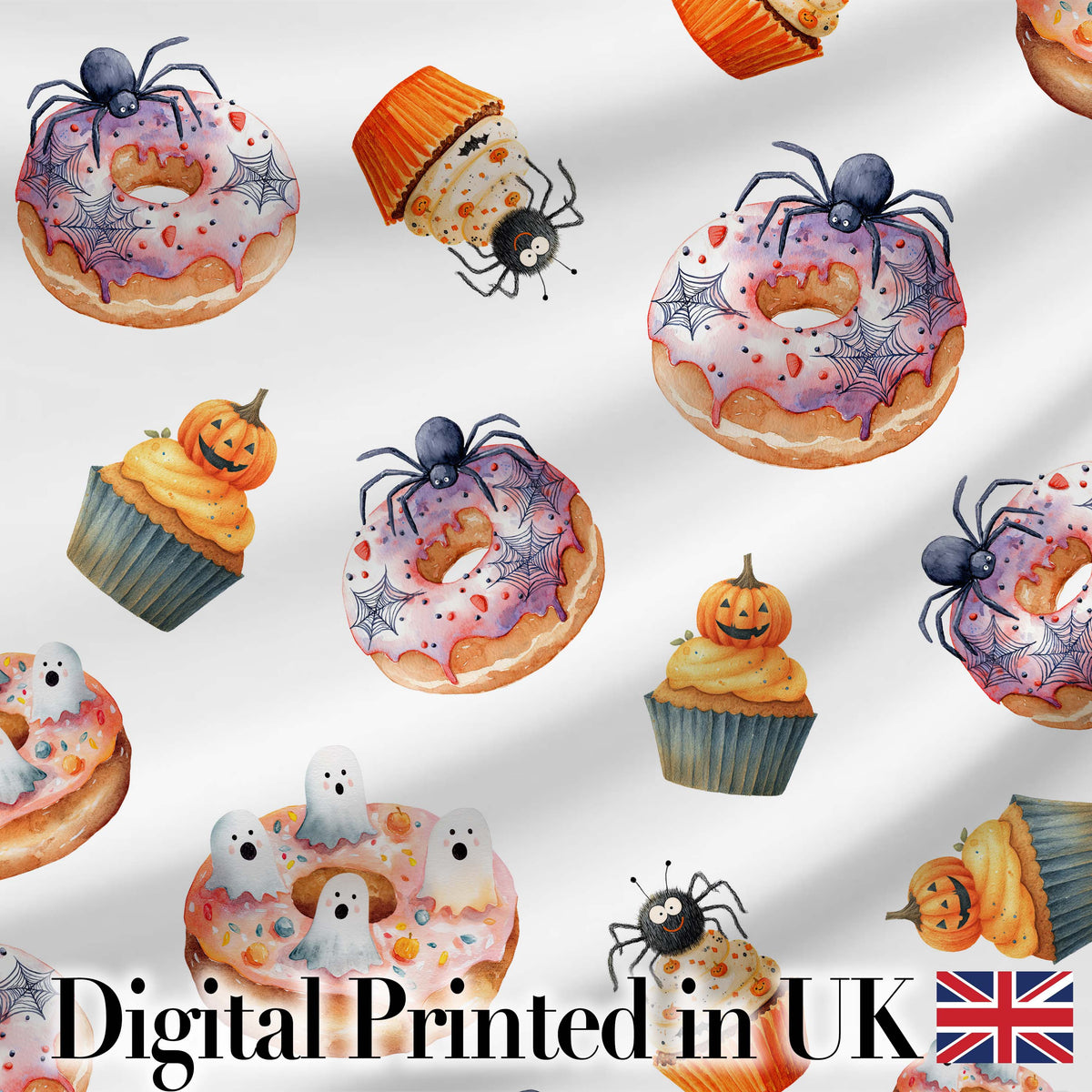 Halloween Donuts Cupcakes Spiders and Ghosts Cute   Light Grey Background Digital Print Fabric by the Metre UK Sewing Quilting Textile