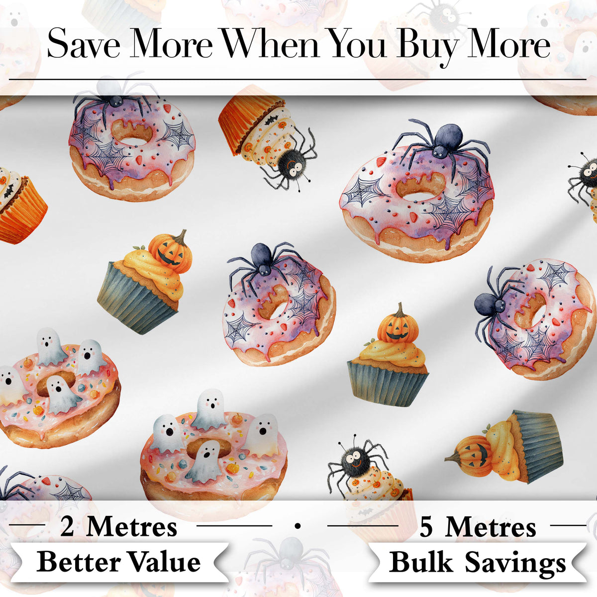 Halloween Donuts Cupcakes Spiders and Ghosts Cute   Light Grey Background Digital Print Fabric by the Metre UK Sewing Quilting Textile