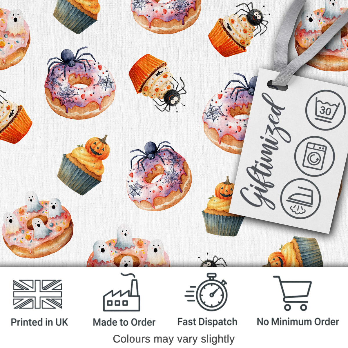 Halloween Donuts Cupcakes Spiders and Ghosts Cute   Light Grey Background Digital Print Fabric by the Metre UK Sewing Quilting Textile
