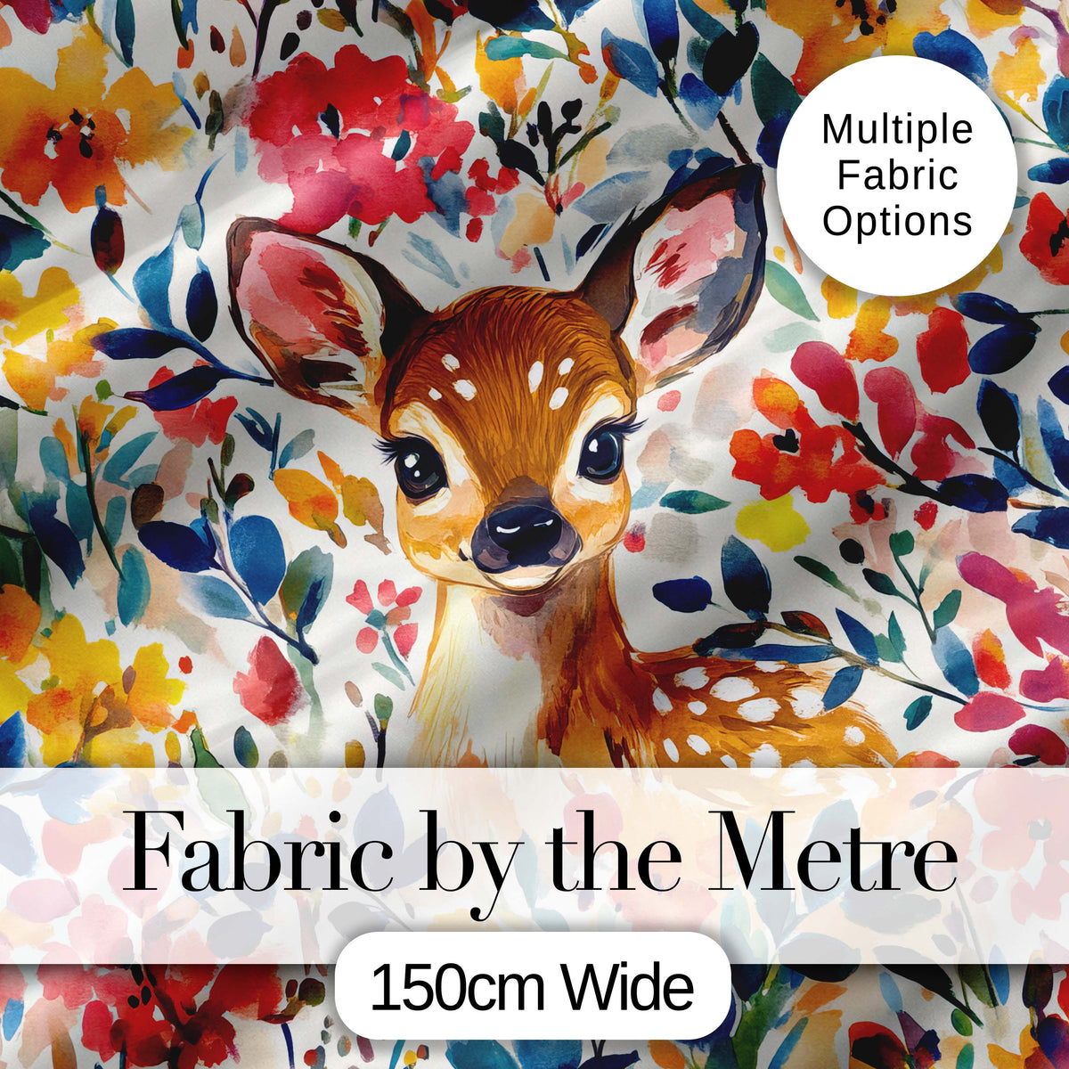 Watercolor Baby Deer Fawn with Colorful Floral Botanical Background Digital Print Fabric by the Metre UK Sewing Quilting Textile