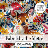 Watercolor Baby Deer Fawn with Colorful Floral Botanical Background Digital Print Fabric by the Metre UK Sewing Quilting Textile
