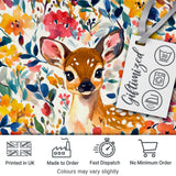 Watercolor Baby Deer Fawn with Colorful Floral Botanical Background Digital Print Fabric by the Metre UK Sewing Quilting Textile