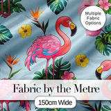 Tropical Flamingo with Hibiscus Flowers and Leaves   Blue Background Digital Print Fabric by the Metre UK Sewing Quilting Textile
