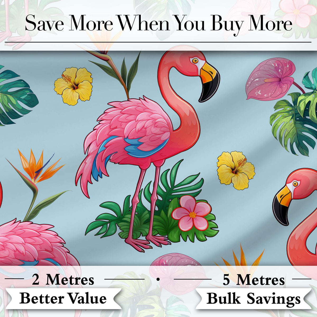 Tropical Flamingo with Hibiscus Flowers and Leaves   Blue Background Digital Print Fabric by the Metre UK Sewing Quilting Textile