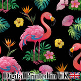 Tropical Flamingo with Hibiscus Flowers and Leaves   Black Background Digital Print Fabric by the Metre UK Sewing Quilting Textile