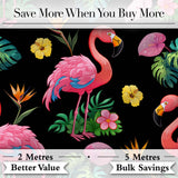 Tropical Flamingo with Hibiscus Flowers and Leaves   Black Background Digital Print Fabric by the Metre UK Sewing Quilting Textile