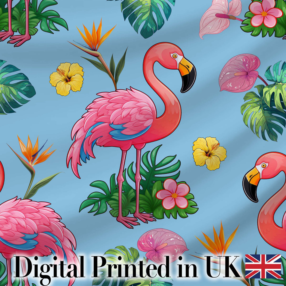 Tropical Flamingo with Hibiscus Flowers and Leaves   Sky Blue Background Digital Print Fabric by the Metre UK Sewing Quilting Textile