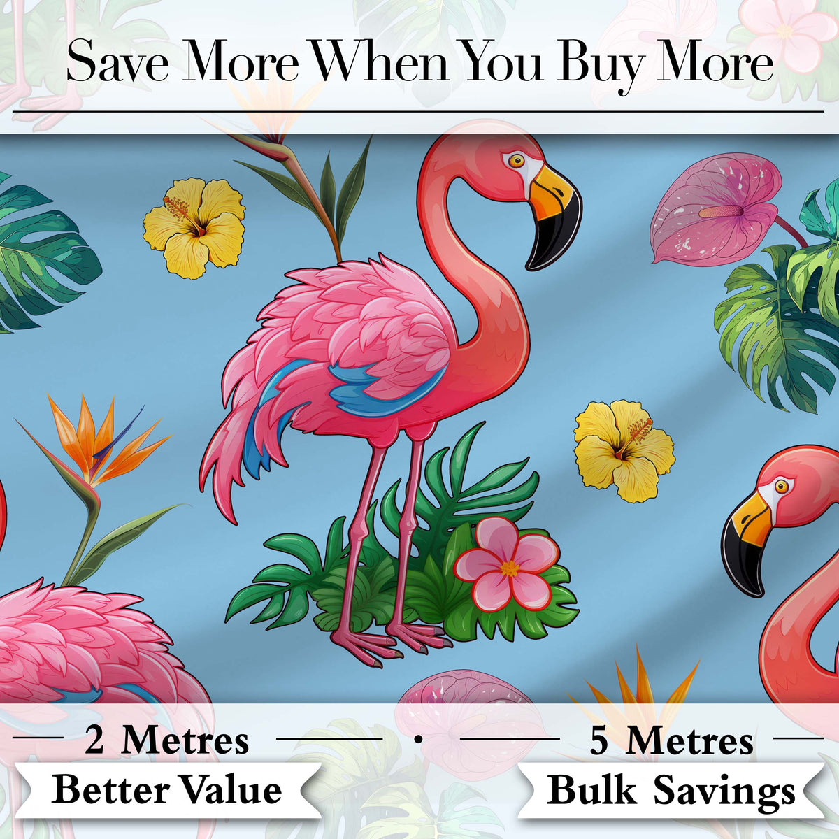 Tropical Flamingo with Hibiscus Flowers and Leaves   Sky Blue Background Digital Print Fabric by the Metre UK Sewing Quilting Textile