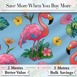 Tropical Flamingo with Hibiscus Flowers and Leaves   Sky Blue Background Digital Print Fabric by the Metre UK Sewing Quilting Textile