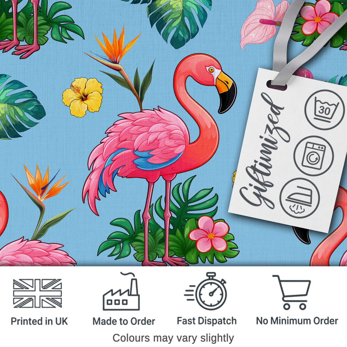 Tropical Flamingo with Hibiscus Flowers and Leaves   Sky Blue Background Digital Print Fabric by the Metre UK Sewing Quilting Textile