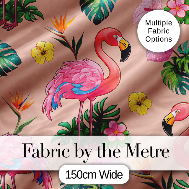 Tropical Flamingo with Hibiscus Flowers and Leaves   Peach Background Digital Print Fabric by the Metre UK Sewing Quilting Textile
