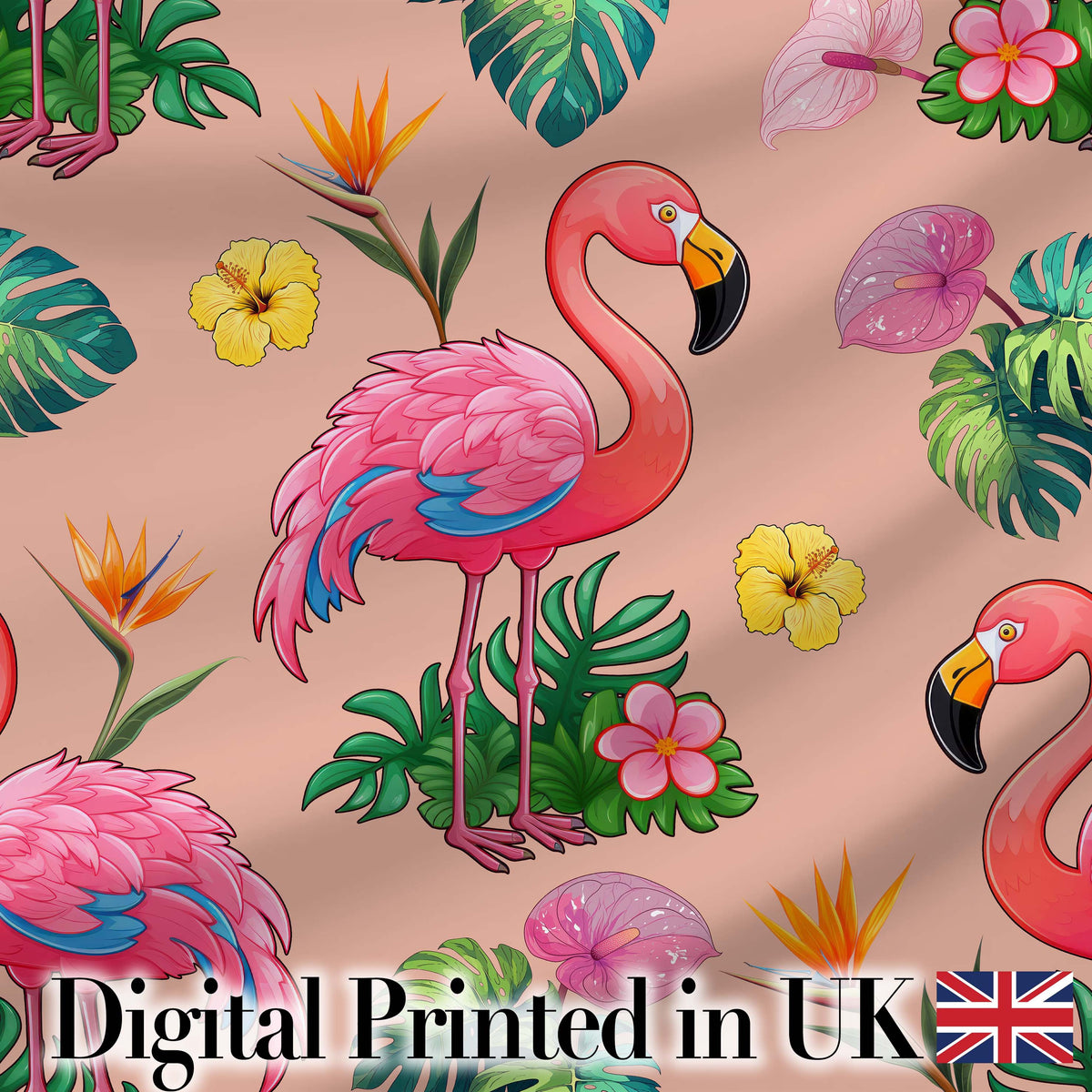 Tropical Flamingo with Hibiscus Flowers and Leaves   Peach Background Digital Print Fabric by the Metre UK Sewing Quilting Textile