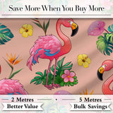 Tropical Flamingo with Hibiscus Flowers and Leaves   Peach Background Digital Print Fabric by the Metre UK Sewing Quilting Textile