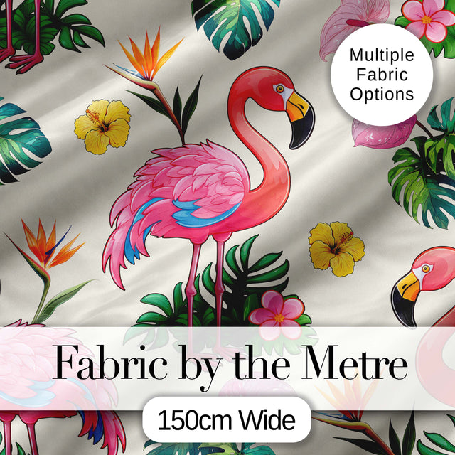 Tropical Flamingo with Hibiscus Flowers and Leaves   Cream Background Digital Print Fabric by the Metre UK Sewing Quilting Textile