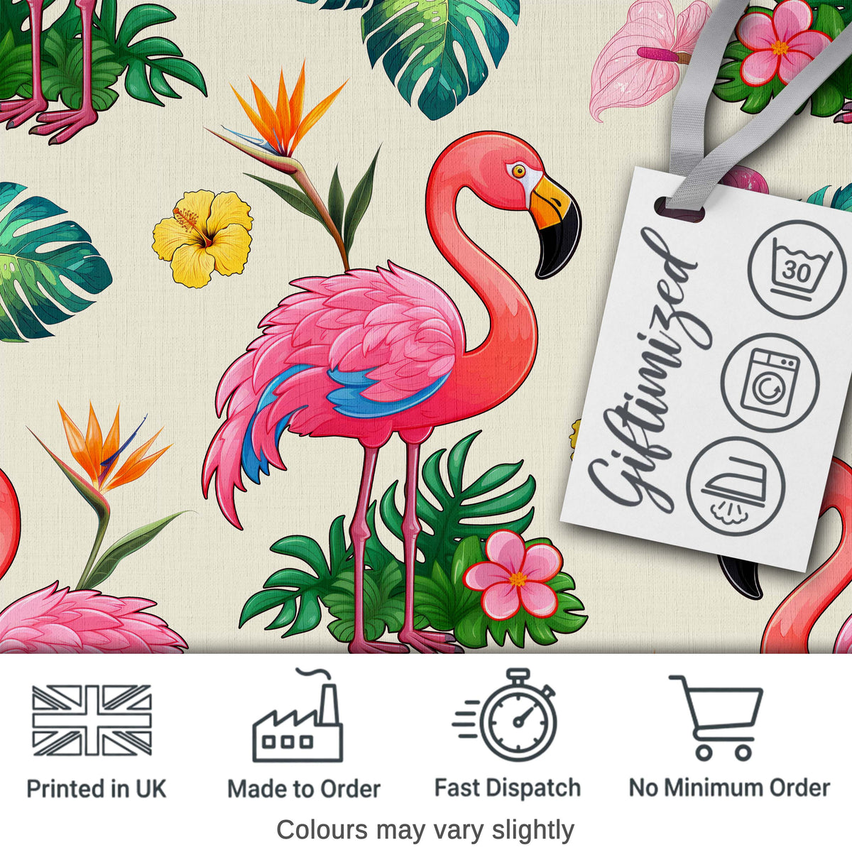 Tropical Flamingo with Hibiscus Flowers and Leaves   Cream Background Digital Print Fabric by the Metre UK Sewing Quilting Textile