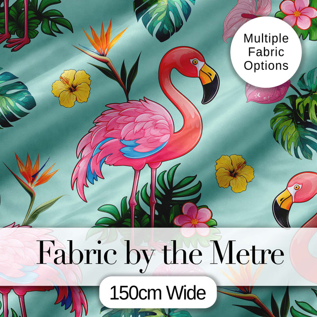 Tropical Flamingo with Hibiscus Flowers and Leaves   Mint Background Digital Print Fabric by the Metre UK Sewing Quilting Textile