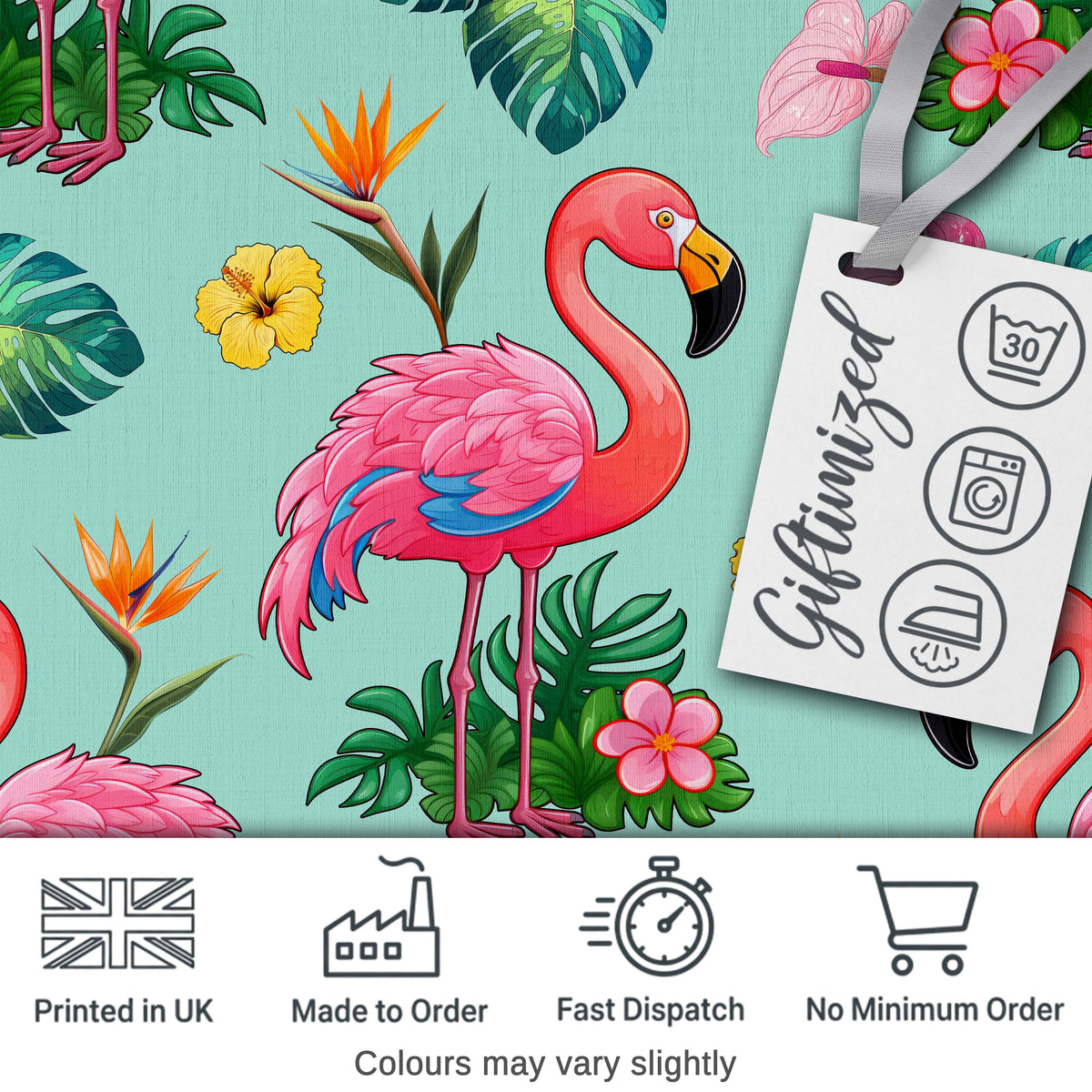 Tropical Flamingo with Hibiscus Flowers and Leaves   Mint Background Digital Print Fabric by the Metre UK Sewing Quilting Textile