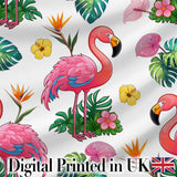 Tropical Flamingo with Hibiscus Flowers and Leaves   Light Grey Background Digital Print Fabric by the Metre UK Sewing Quilting Textile
