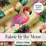 Tropical Flamingo with Hibiscus Flowers and Leaves   Warm Yellow Background Digital Print Fabric by the Metre UK Sewing Quilting Textile