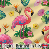 Tropical Flamingo with Hibiscus Flowers and Leaves   Warm Yellow Background Digital Print Fabric by the Metre UK Sewing Quilting Textile