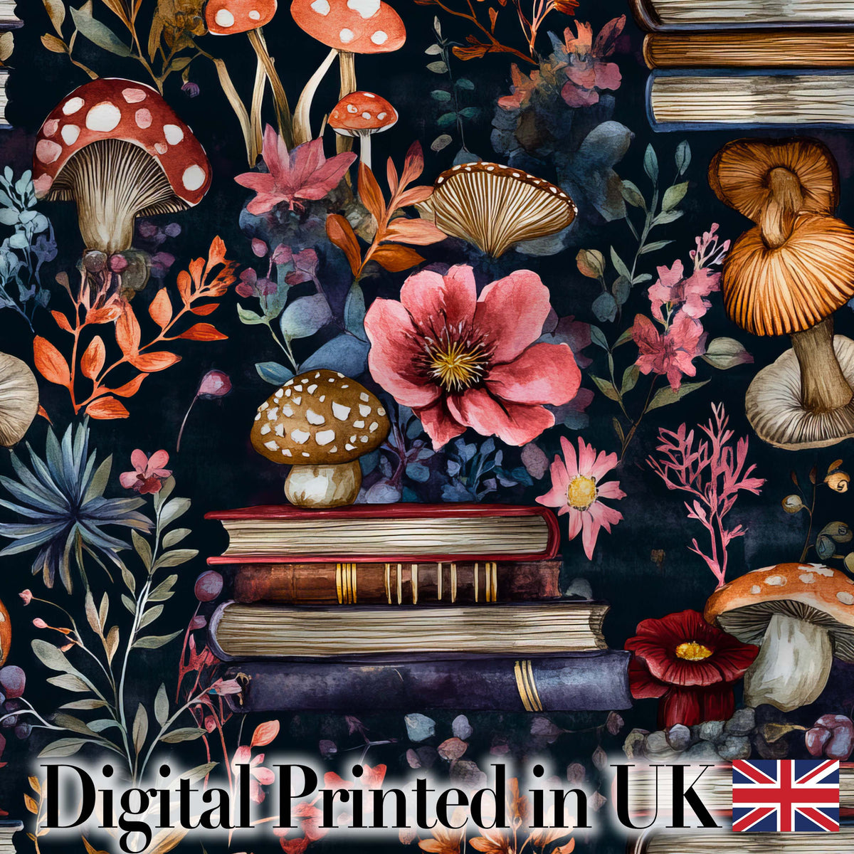 Vintage Mushrooms Books and Floral Dark Botanical Seamless Pattern Digital Print Fabric by the Metre UK Sewing Quilting Textile