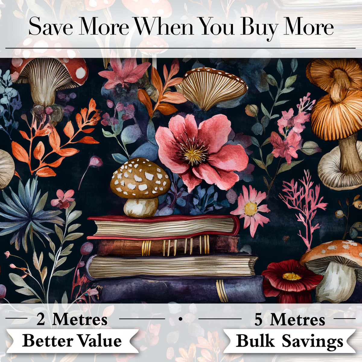 Vintage Mushrooms Books and Floral Dark Botanical Seamless Pattern Digital Print Fabric by the Metre UK Sewing Quilting Textile