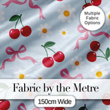 Cute Cherries Daisies and Bows Pastel Seamless Pattern Blue Background Digital Print Fabric by the Metre UK Sewing Quilting Textile