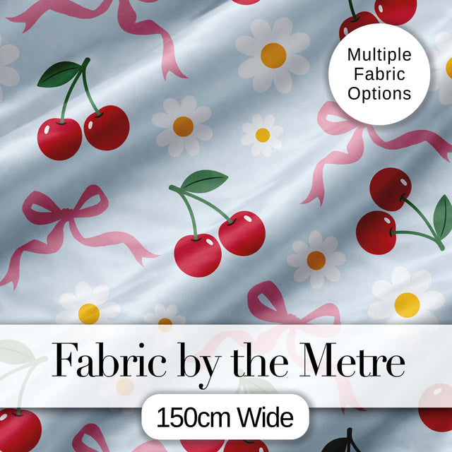 Cute Cherries Daisies and Bows Pastel Seamless Pattern Blue Background Digital Print Fabric by the Metre UK Sewing Quilting Textile