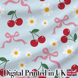 Cute Cherries Daisies and Bows Pastel Seamless Pattern Blue Background Digital Print Fabric by the Metre UK Sewing Quilting Textile