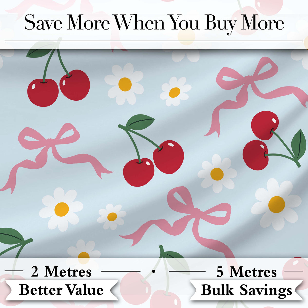 Cute Cherries Daisies and Bows Pastel Seamless Pattern Blue Background Digital Print Fabric by the Metre UK Sewing Quilting Textile