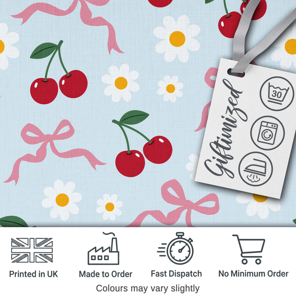 Cute Cherries Daisies and Bows Pastel Seamless Pattern Blue Background Digital Print Fabric by the Metre UK Sewing Quilting Textile