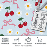 Cute Cherries Daisies and Bows Pastel Seamless Pattern Blue Background Digital Print Fabric by the Metre UK Sewing Quilting Textile