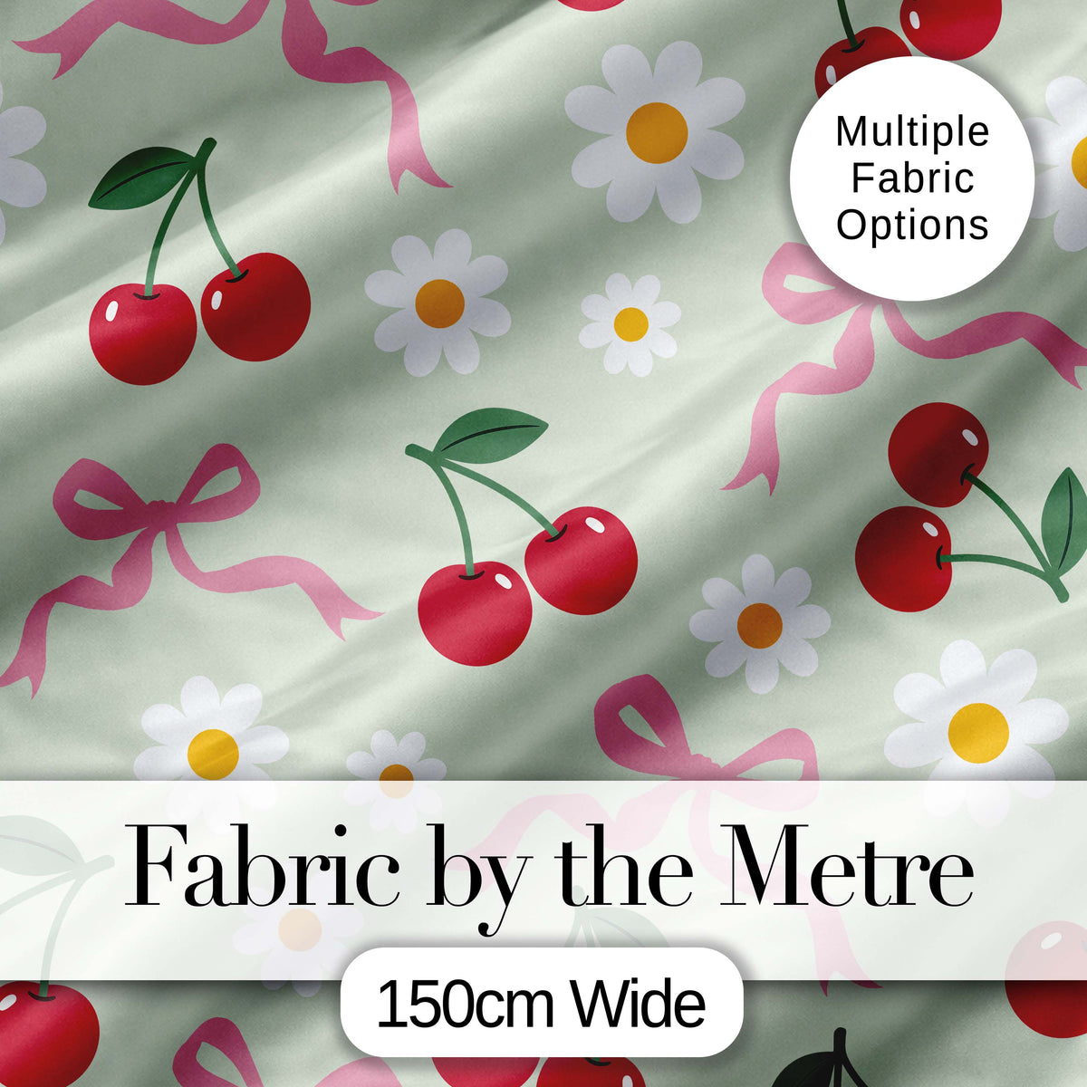 Cute Cherry Bow and Daisy Seamless Pattern on Sage Green Digital Print Fabric by the Metre UK Sewing Quilting Textile