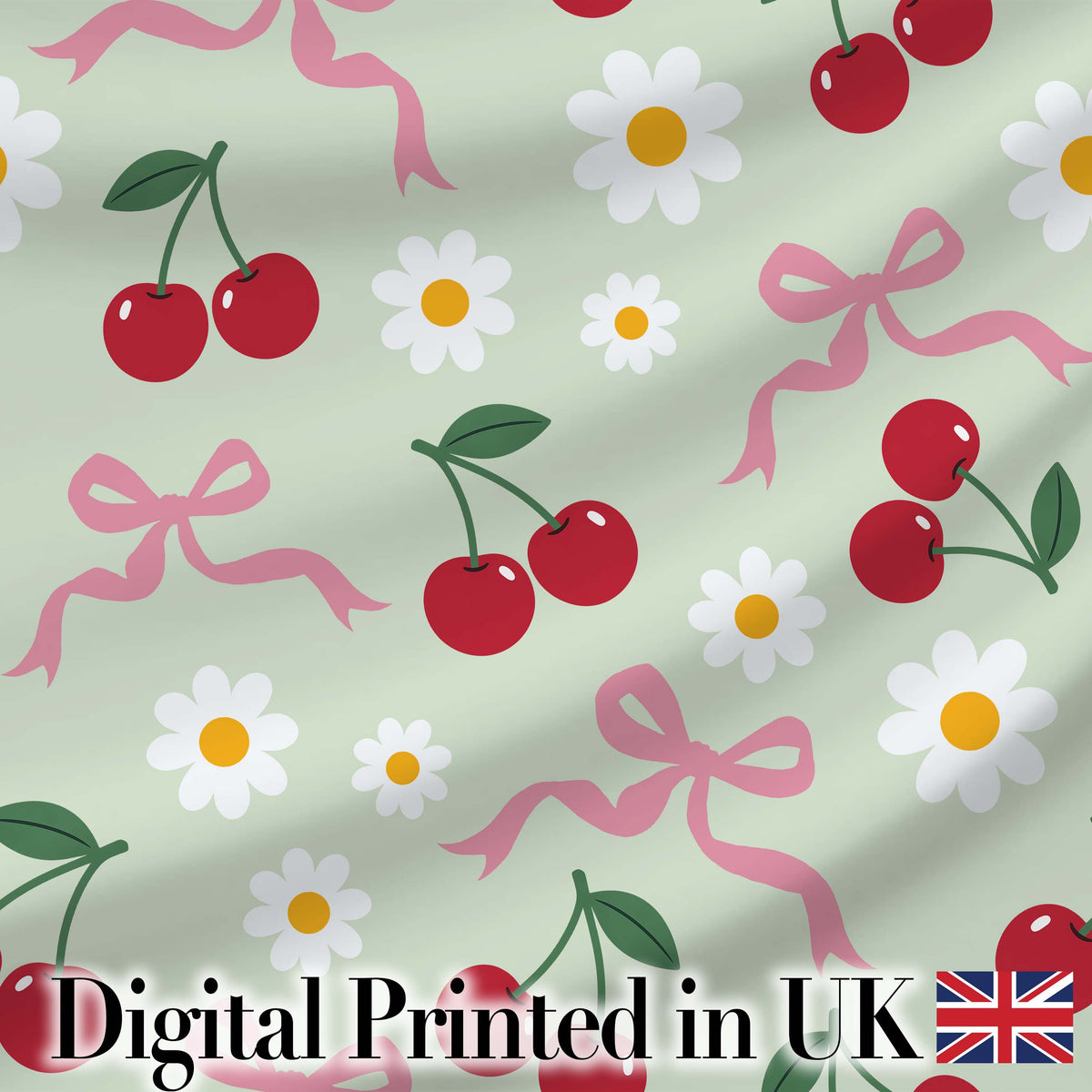 Cute Cherry Bow and Daisy Seamless Pattern on Sage Green Digital Print Fabric by the Metre UK Sewing Quilting Textile