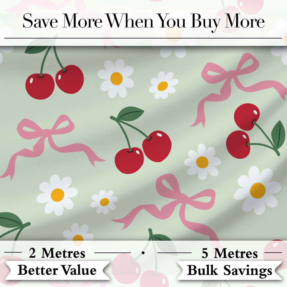 Cute Cherry Bow and Daisy Seamless Pattern on Sage Green Digital Print Fabric by the Metre UK Sewing Quilting Textile